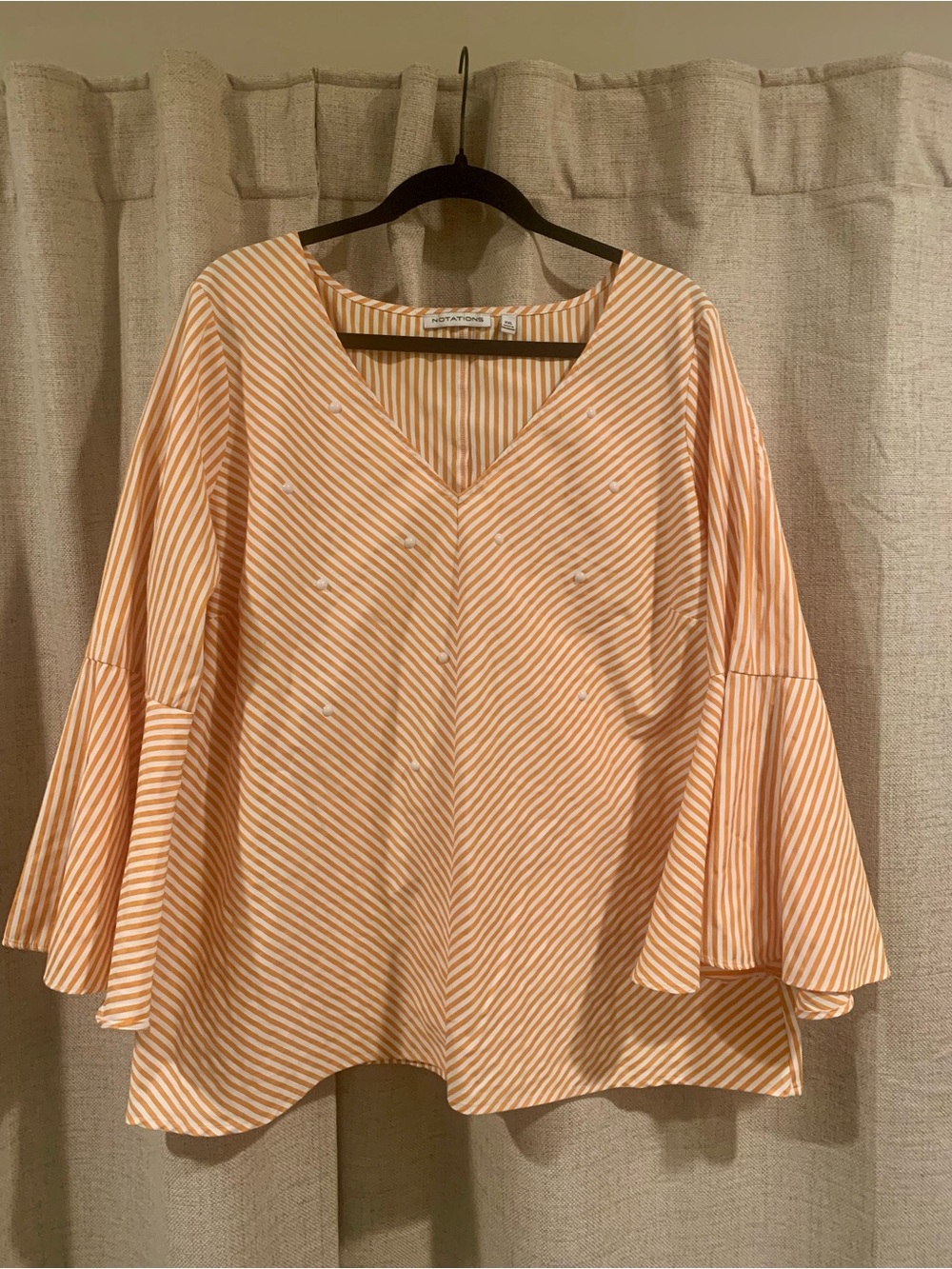 NOTATIONS Peach and White Striped V-Neck Bell Sleeve Blouse